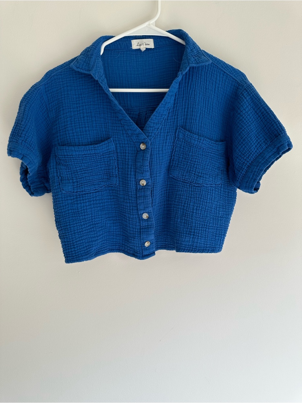 Love Notes Blue Cropped Button-Front Gauze Top